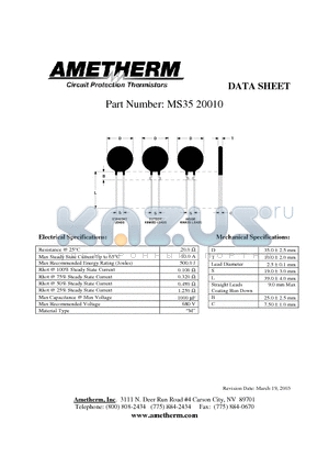 MS3520010 datasheet - Circuit Protection Thermistors