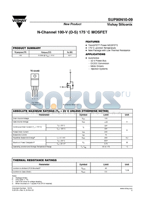 SUP90N10-09 datasheet - N-Channel 100-V (D-S) 175 Degree Celcious MOSFET