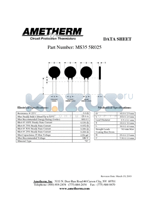 MS355R025 datasheet - Circuit Protection Thermistors