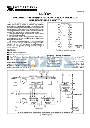 NJ8821 datasheet - FREQUENCY SYNTHESISER (MICROPROCESSOR INTERFACE) WITH RESETTABLE COUNTERS