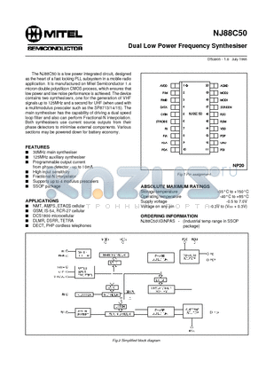 NJ88C50 datasheet - Dual Low Power Frequency Synthesiser