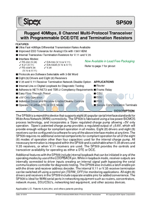 SP509CF datasheet - Rugged 40Mbps, 8 Channel Multi-Protocol Transceiver with Programmable DCE/DTE and Termination Resistors