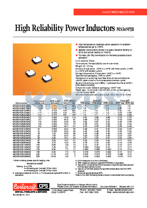 MS369PJB184MSZ datasheet - High Reliability Power Inductors