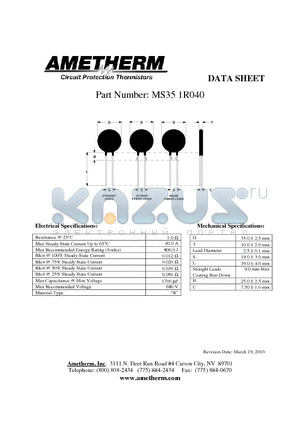 MS351R040 datasheet - Circuit Protection Thermistors