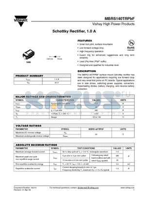 MBRS140TRPBF datasheet - Schottky Rectifier, 1.0 A