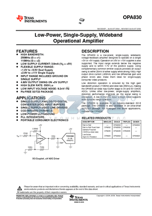 OPA830IDBVTG4 datasheet - Low-Power, Single-Supply, Wideband Operational Amplifier