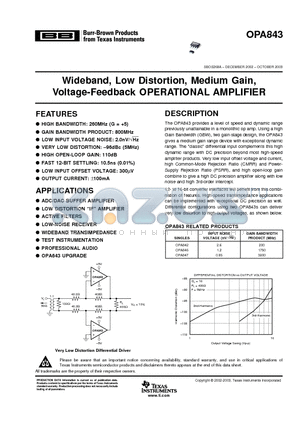 OPA843 datasheet - Wideband, Low Distortion, Medium Gain, Voltage-Feedback OPERATIONAL AMPLIFIER