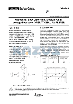 OPA843IDBVT datasheet - Wideband, Low Distortion, Medium Gain, Voltage-Feedback OPERATIONAL AMPLIFIER