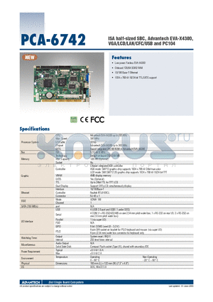 PCA-6742 datasheet - ISA half-sized SBC, Advantech EVA-X4300, VGA/LCD/LAN/CFC/USB and PC104