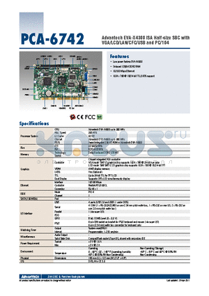 PCA-6742LV-00A1E datasheet - Advantech EVA-X4300 ISA Half-size SBC with VGA/LCD/LAN/CFC/USB and PC/104