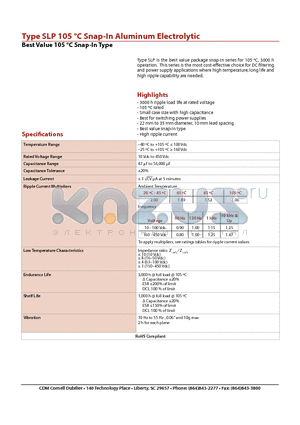 SLP223M025H5P3 datasheet - Type SLP 105 `C Snap-In Aluminum Electrolytic