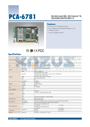 PCA-6781 datasheet - ISA Half-sized SBC, ULV Celeron^ M, VGA/LVDS/LAN/CFC/USB 2.0