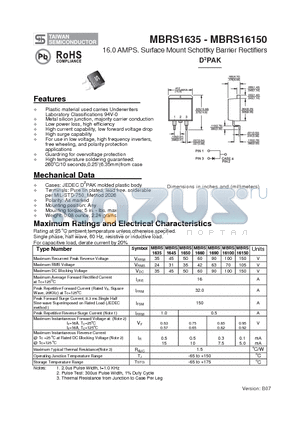 MBRS1660 datasheet - 16.0 AMPS. Surface Mount Schottky Barrier Rectifiers