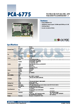 PCA-6775 datasheet - VIA Mark ISA Half-size SBC, with VGA/LVDS/TTL/LAN/SSD/USB 1.1