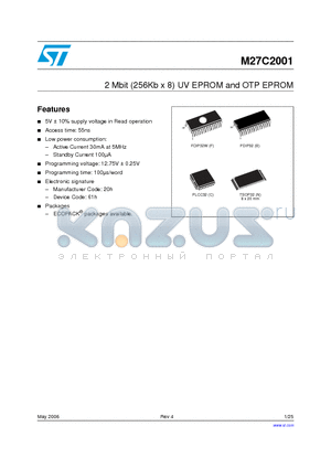 M27C2001-10B1TR datasheet - 2 Mbit (256Kb x 8) UV EPROM and OTP EPROM