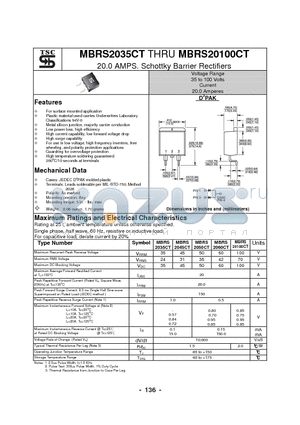 MBRS20100CT datasheet - 20.0 AMPS. Schottky Barrier Rectifiers