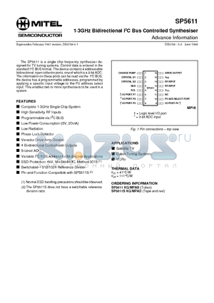 SP5611SKGMPAD datasheet - 1g3GHz Bidirectional I2C Bus Controlled Synthesiser