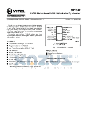 SP5512 datasheet - 1.3GHz Bidirectional I2C BUS Controlled Synthesiser