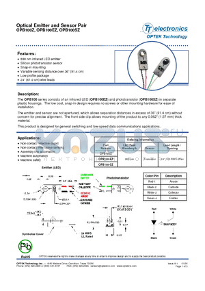 OPB100EZ datasheet - Optical Emitter and Sensor Pair