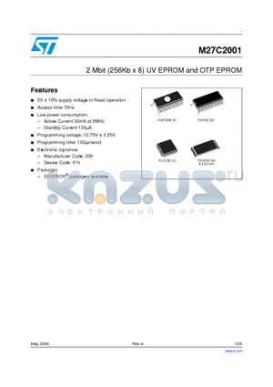 M27C2001-10N1TR datasheet - 2 Mbit (256Kb x 8) UV EPROM and OTP EPROM