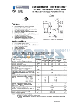 MBRS20H100CT datasheet - 20.0 AMPS. Surface Mount Schottky Barrier Rectifiers Switchmode Power Rectifiers