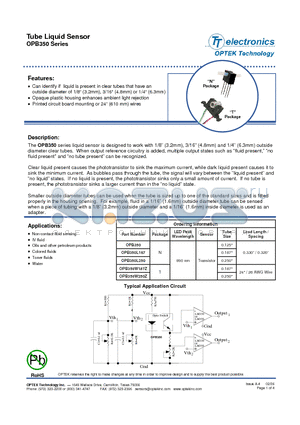 OPB350 datasheet - Tube Liquid Sensor