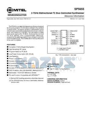 SP5655SKG datasheet - 2g7GHz Bidirectional I2C Bus Controlled Synthesiser