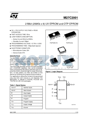 M27C2001-10XB6TR datasheet - 2 Mbit (256Kb x 8) UV EPROM and OTP EPROM