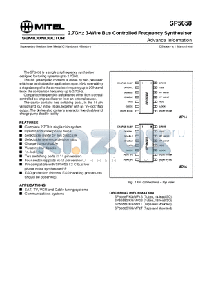 SP5658FKGMP1T datasheet - 2.7GHz 3-Wire Bus Controlled Frequency Synthesiser