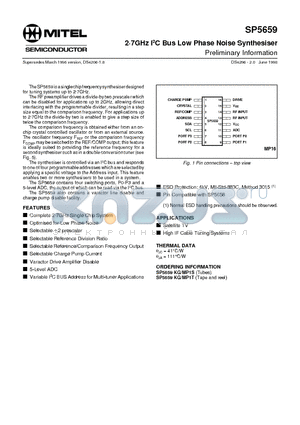 SP5659 datasheet - 2g7GHz I2C Bus Low Phase Noise Synthesiser