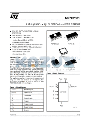 M27C2001-10XL6TR datasheet - 2 Mbit (256Kb x 8) UV EPROM and OTP EPROM