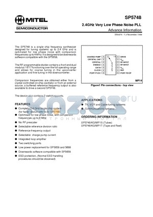 SP5748KG datasheet - 2.4GHz Very Low Phase Noise PLL