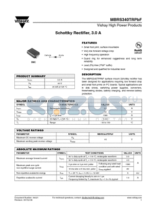 MBRS340TRPBF datasheet - Schottky Rectifier, 3.0 A