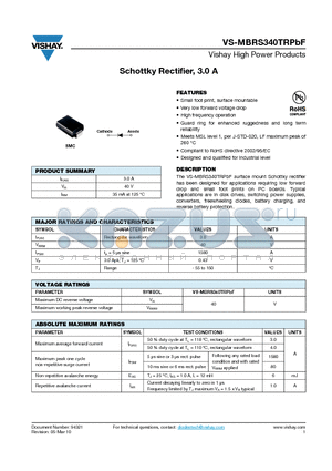 MBRS340TRPBF datasheet - Schottky Rectifier, 3.0 A