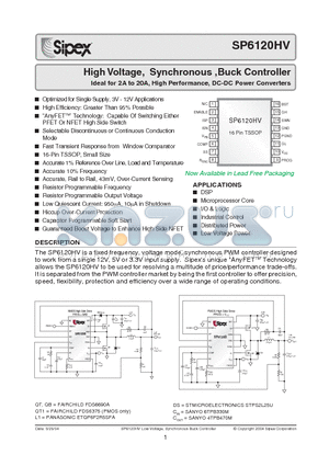 SP6120HV datasheet - High Voltage, Synchronous ,Buck Controller Ideal for 2A to 20A, High Performance, DC-DC Power Converters