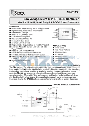 SP6122ACU-1.5 datasheet - Low Voltage, Micro 8, PFET, Buck Controller Ideal for 1A to 5A, Small Footprint, DC-DC Power Converters