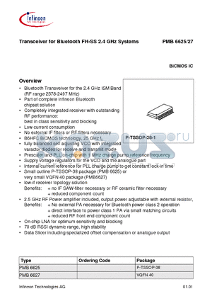 PMB6627 datasheet - Transceiver for Bluetooth FH-SS 2.4 GHz Systems
