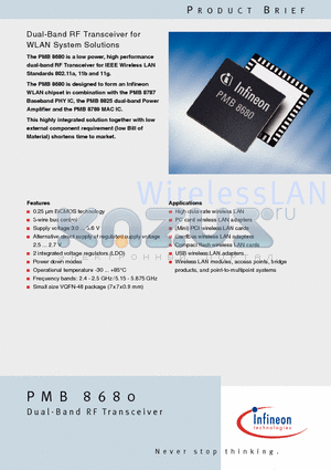 PMB8680 datasheet - Dual-Band RF Transceiver for WLAN System Solutions