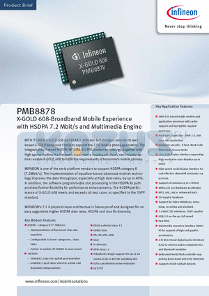 PMB8878 datasheet - X-GOLD 608-Broadband Mobile Experience with HSDPA 7.2 Mbit/s and Multimedia Engine