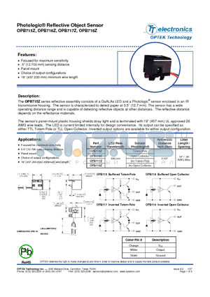 OPB717Z datasheet - Photologic^ Reflective Object Sensor