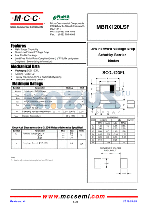 MBRX120LSF datasheet - Low Forward Volatge Drop Schottky Barrier Diodes