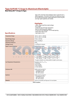 SLPX102M160E3P3 datasheet - Type SLPX 85 `C Snap-In Aluminum Electrolytic