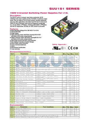 SUU151 datasheet - 150W U-bracket Switching Power Supplies For I.T.E.