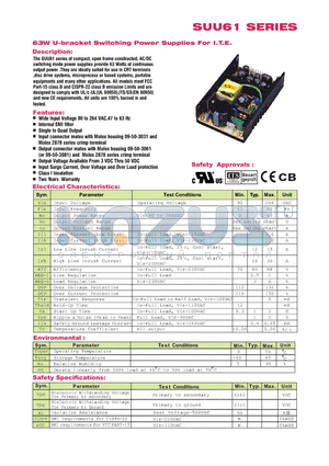 SUU61 datasheet - 63W U-bracket Switching Power Supplies For I.T.E.