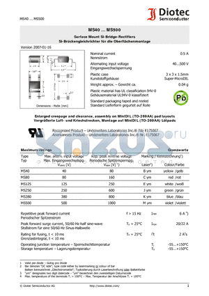 MS500 datasheet - Surface Mount Si-Bridge-Rectifiers Si-Br^kengleichrichter f^ die Oberfl^henmontage