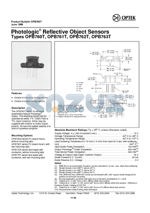 OPB763T datasheet - Photologic Reflective Object Sensors