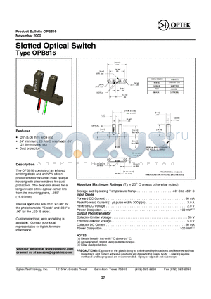 OPB816 datasheet - Slotted Op tical Switch