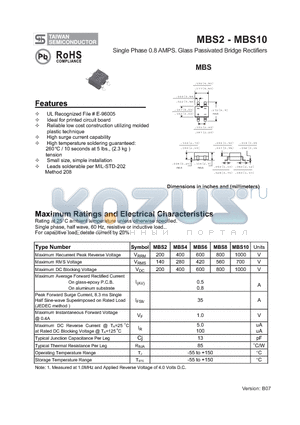 MBS2 datasheet - Single Phase 0.8 AMPS. Glass Passivated Bridge Rectifiers