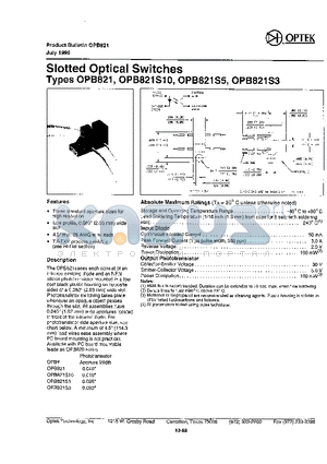 OPB821 datasheet - Slotted Optical Switches