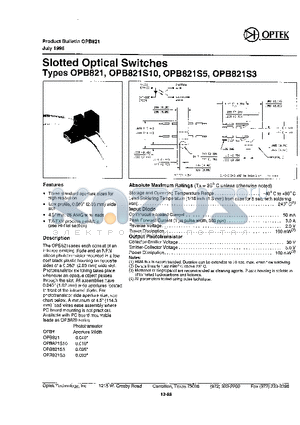 OPB821S3 datasheet - Slotted Optical Switches